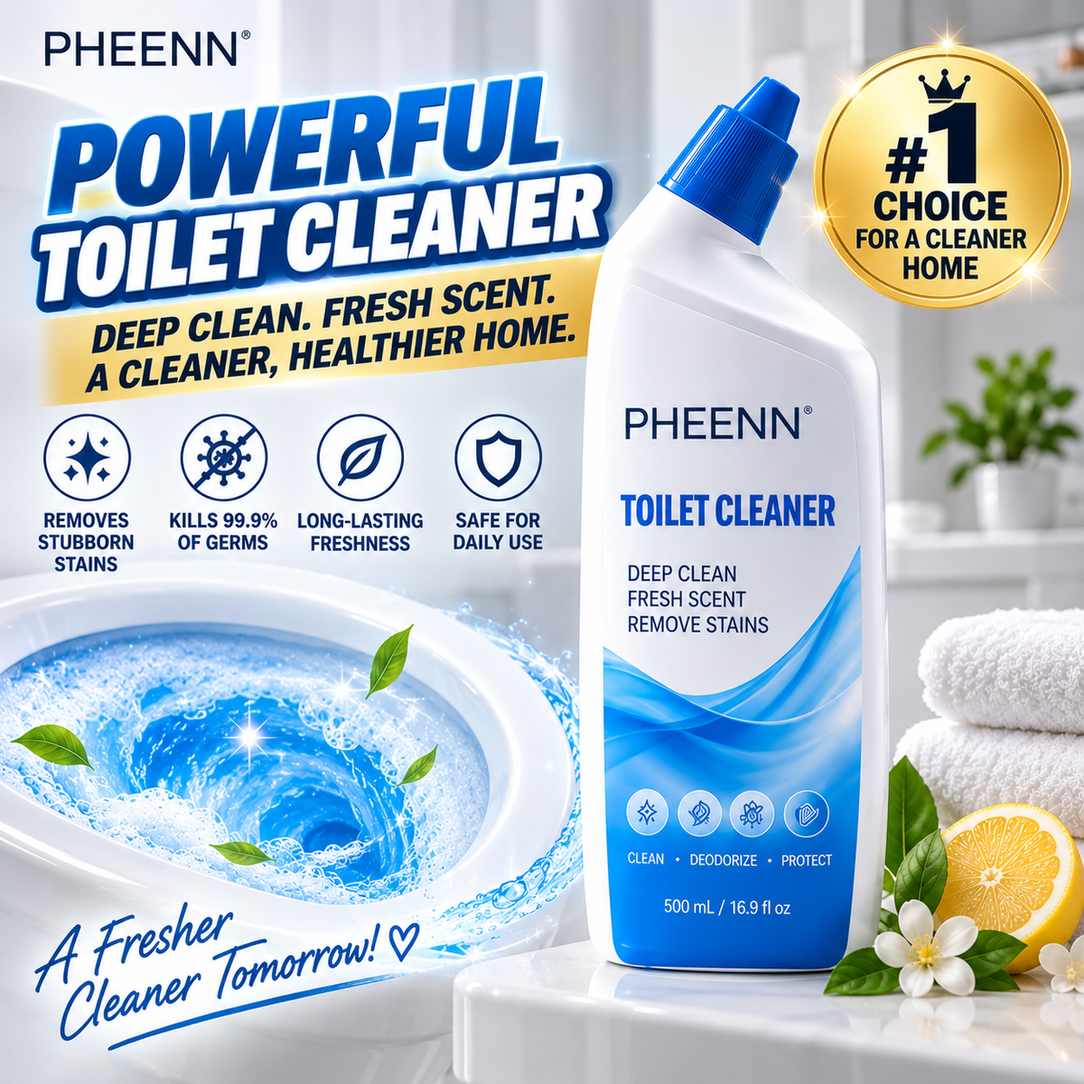 PHEENN® Toilet Cleaner Gel – Fresh Scent Deep Clean for Stains, Buildup & Daily Bathroom Care