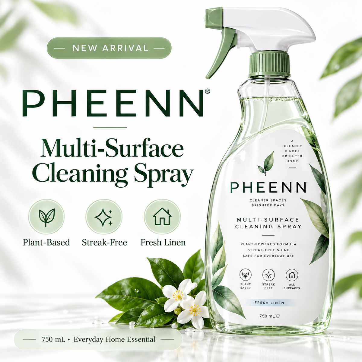 🌿 PHEENN® Multi-Surface Cleaning Spray – Fresh Linen Streak-Free Everyday Cleaner, 750 mL
