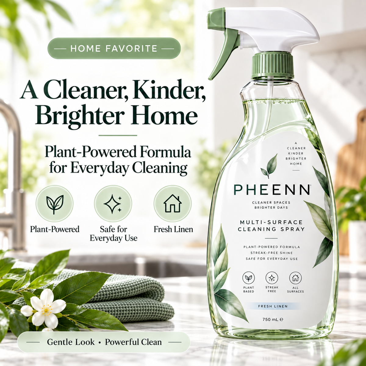 🌿 PHEENN® Multi-Surface Cleaning Spray – Fresh Linen Streak-Free Everyday Cleaner, 750 mL