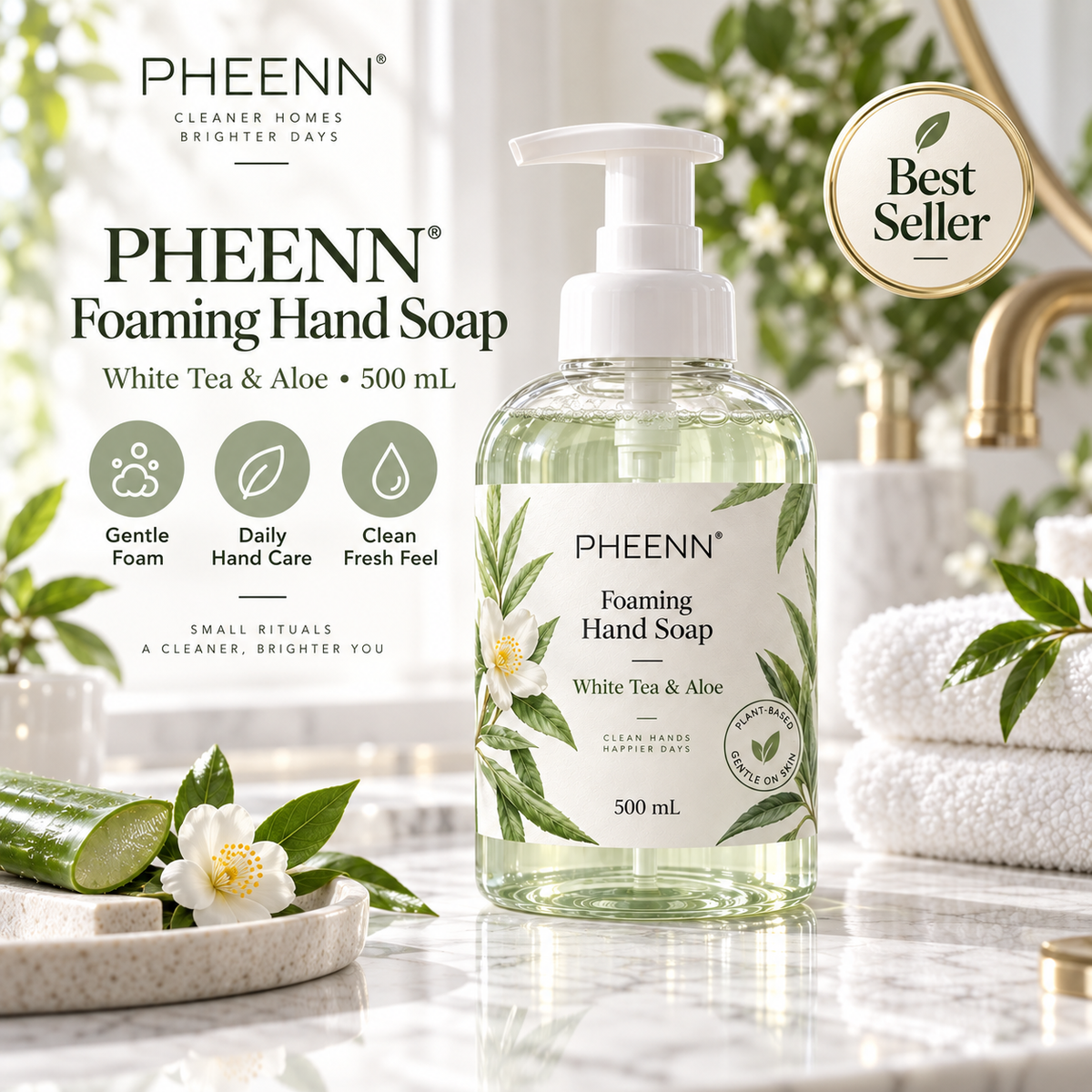 PHEENN® Foaming Hand Soap – White Tea & Aloe Gentle Cleanser for Fresh, Soft Hands, 500 mL