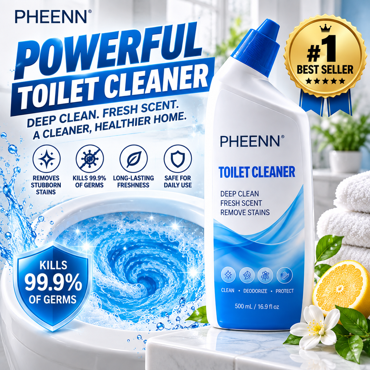 PHEENN® Toilet Cleaner Gel – Fresh Scent Deep Clean for Stains, Buildup & Daily Bathroom Care