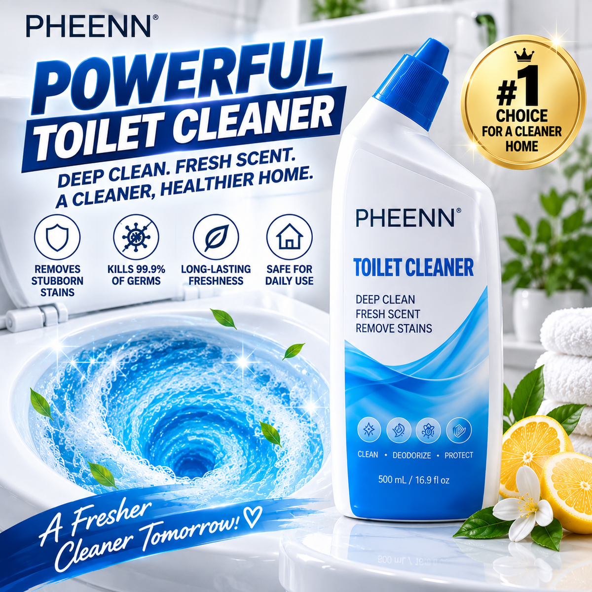 PHEENN® Toilet Cleaner Gel – Fresh Scent Deep Clean for Stains, Buildup & Daily Bathroom Care