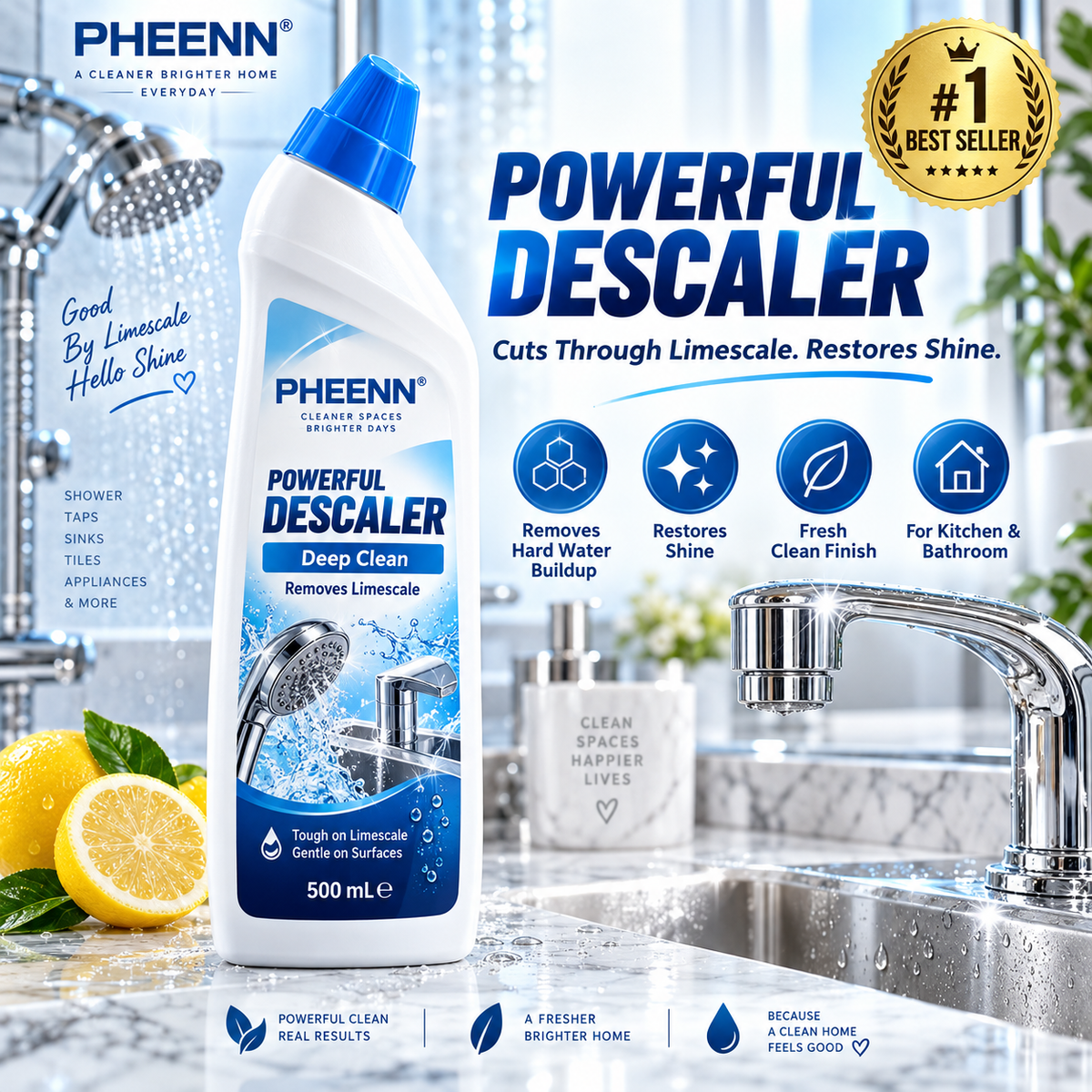 PHEENN® Limescale Remover – Fast-Acting Descaler for Hard Water Stains, Mineral Buildup & Shine, 500 mL