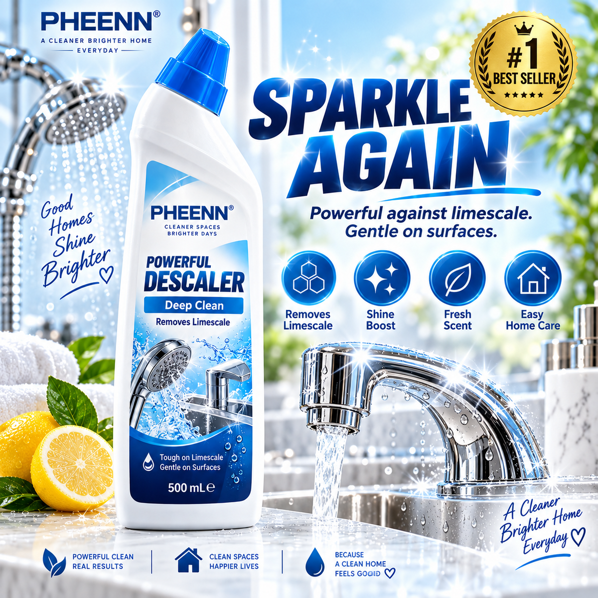 PHEENN® Limescale Remover – Fast-Acting Descaler for Hard Water Stains, Mineral Buildup & Shine, 500 mL