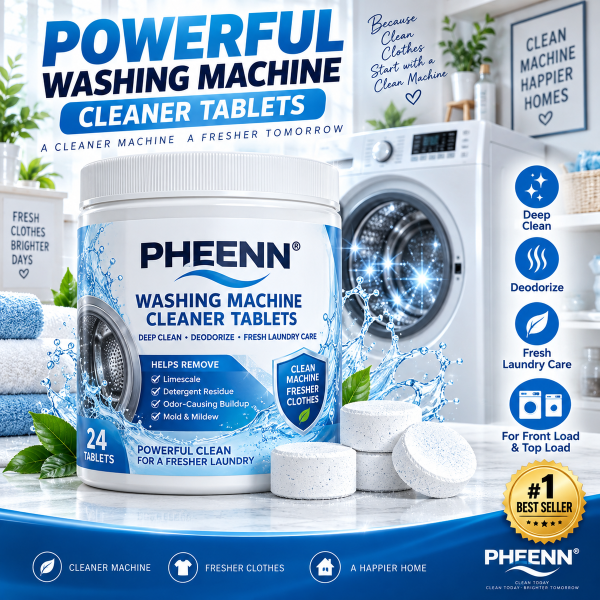 PHEENN® Washer Cleaner Tablets – Deep Clean Formula for Residue, Limescale & Everyday Machine Care