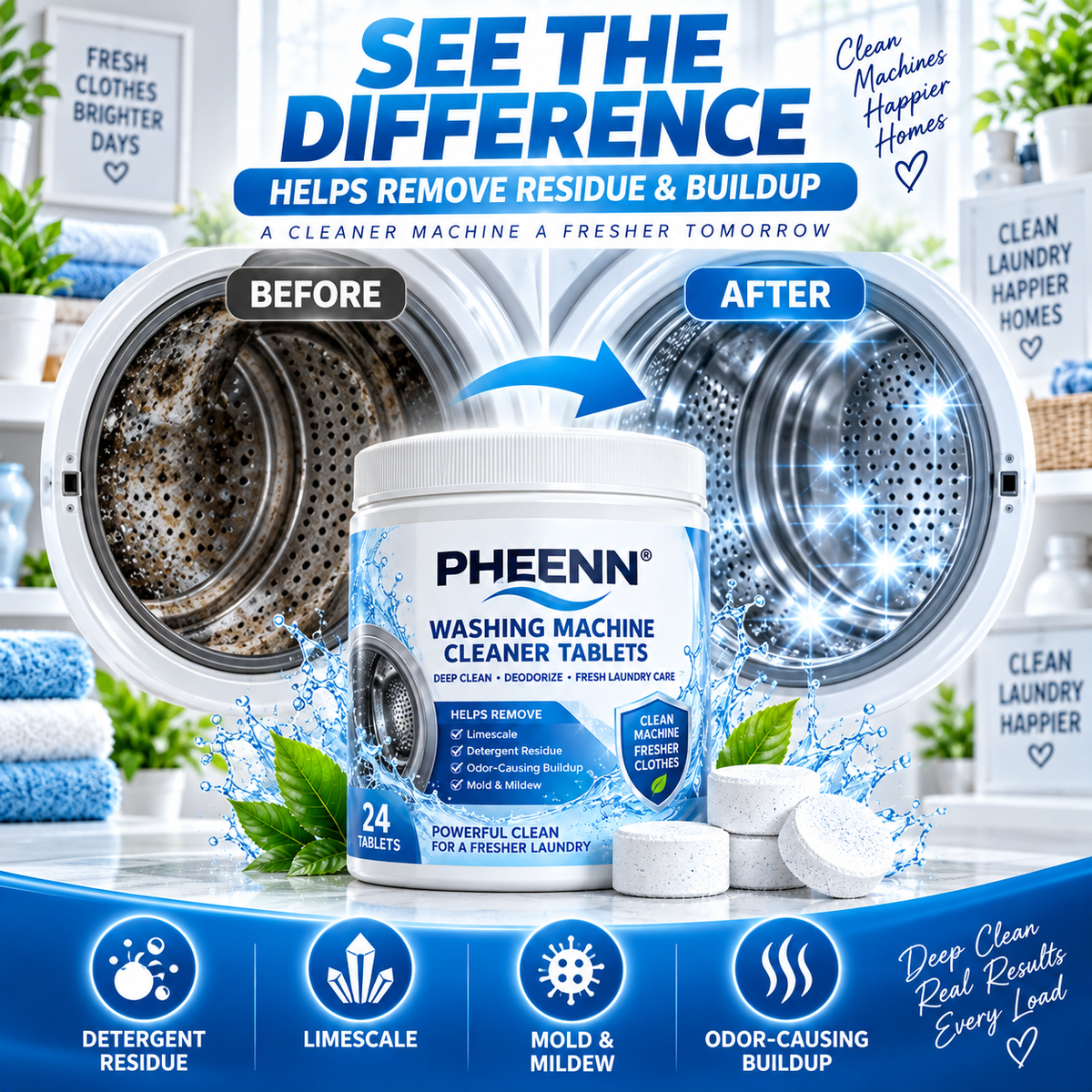 PHEENN® Washer Cleaner Tablets – Deep Clean Formula for Residue, Limescale & Everyday Machine Care