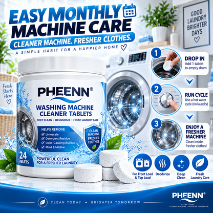 PHEENN® Washer Cleaner Tablets – Deep Clean Formula for Residue, Limescale & Everyday Machine Care