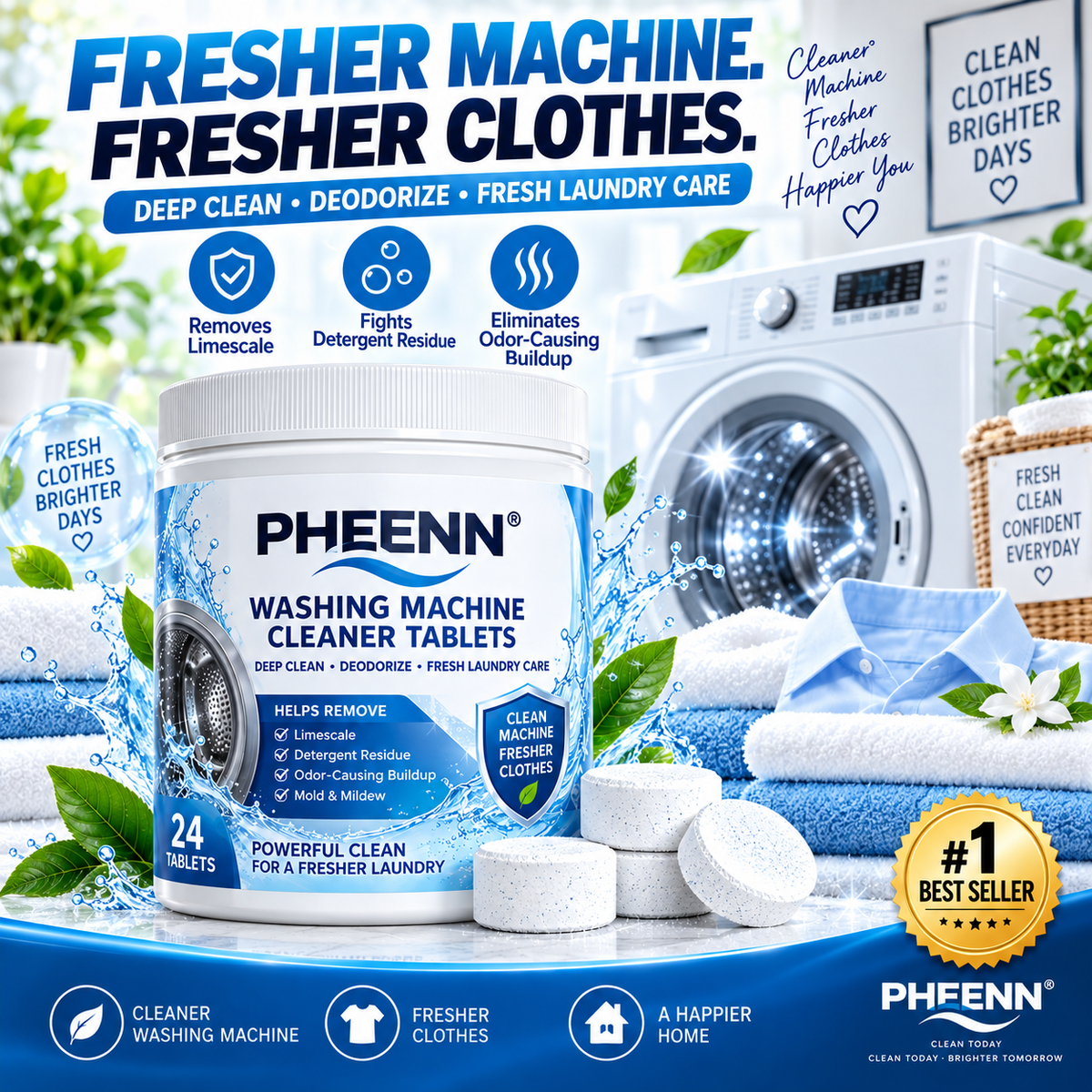 PHEENN® Washer Cleaner Tablets – Deep Clean Formula for Residue, Limescale & Everyday Machine Care