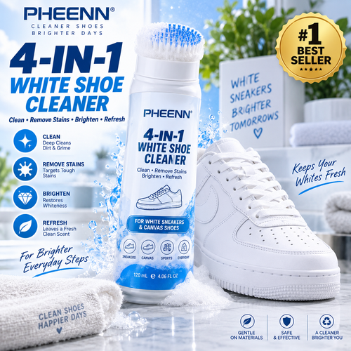 PHEENN® White Shoe Cleaner – 4-in-1 Sneaker Cleaning Formula with Built-In Brush, 120 mL