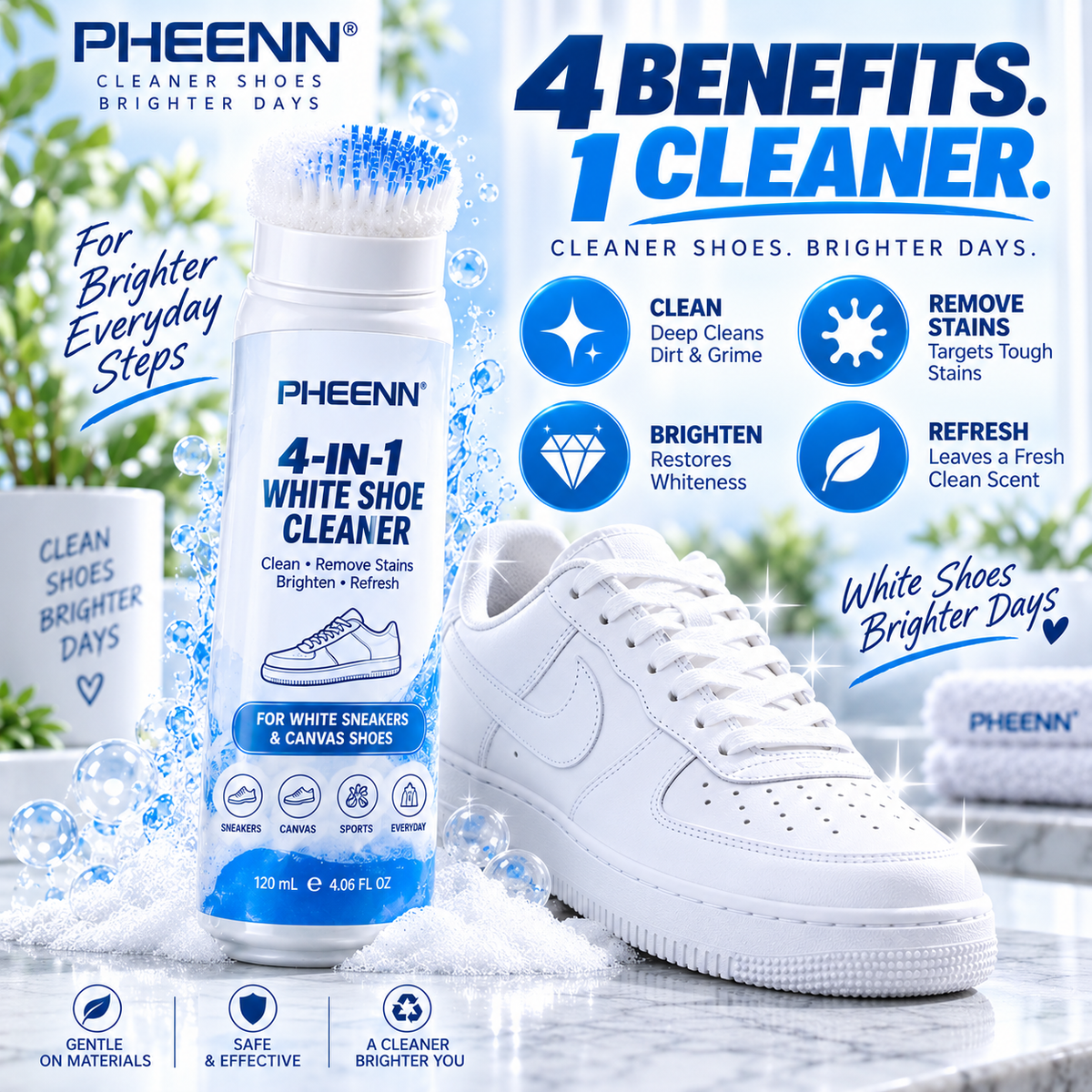 PHEENN® White Shoe Cleaner – 4-in-1 Sneaker Cleaning Formula with Built-In Brush, 120 mL