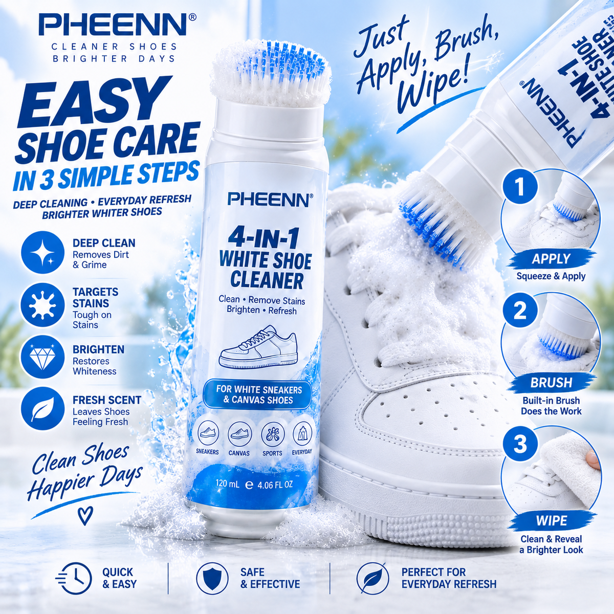 PHEENN® White Shoe Cleaner – 4-in-1 Sneaker Cleaning Formula with Built-In Brush, 120 mL