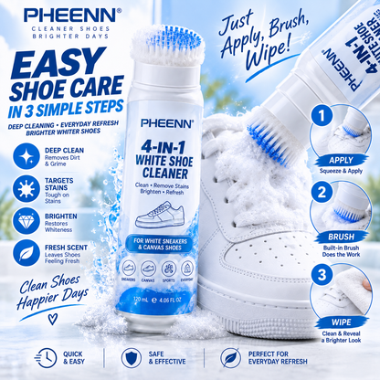 PHEENN® White Shoe Cleaner – 4-in-1 Sneaker Cleaning Formula with Built-In Brush, 120 mL