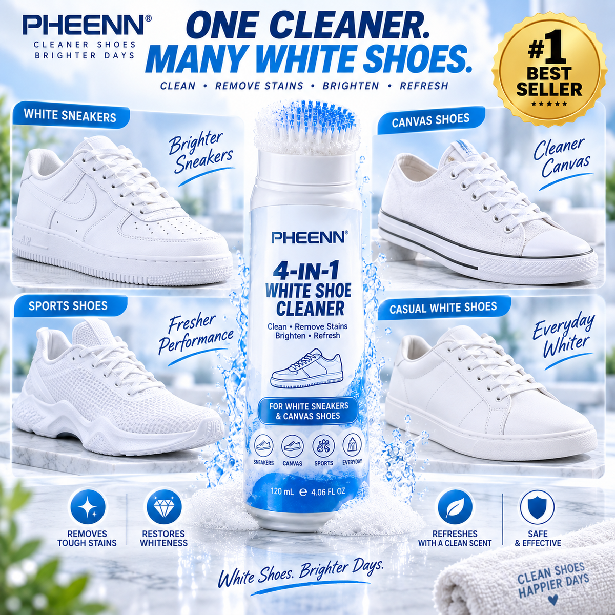 PHEENN® White Shoe Cleaner – 4-in-1 Sneaker Cleaning Formula with Built-In Brush, 120 mL