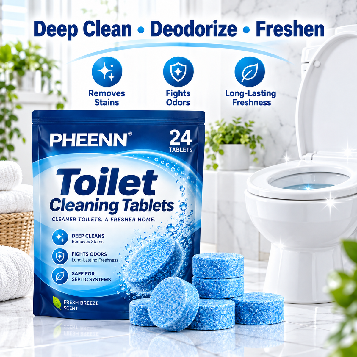 PHEENN® Toilet Cleaning Tablets – Powerful Deep Clean, Odor Control & Long-Lasting Fresh Breeze Formula