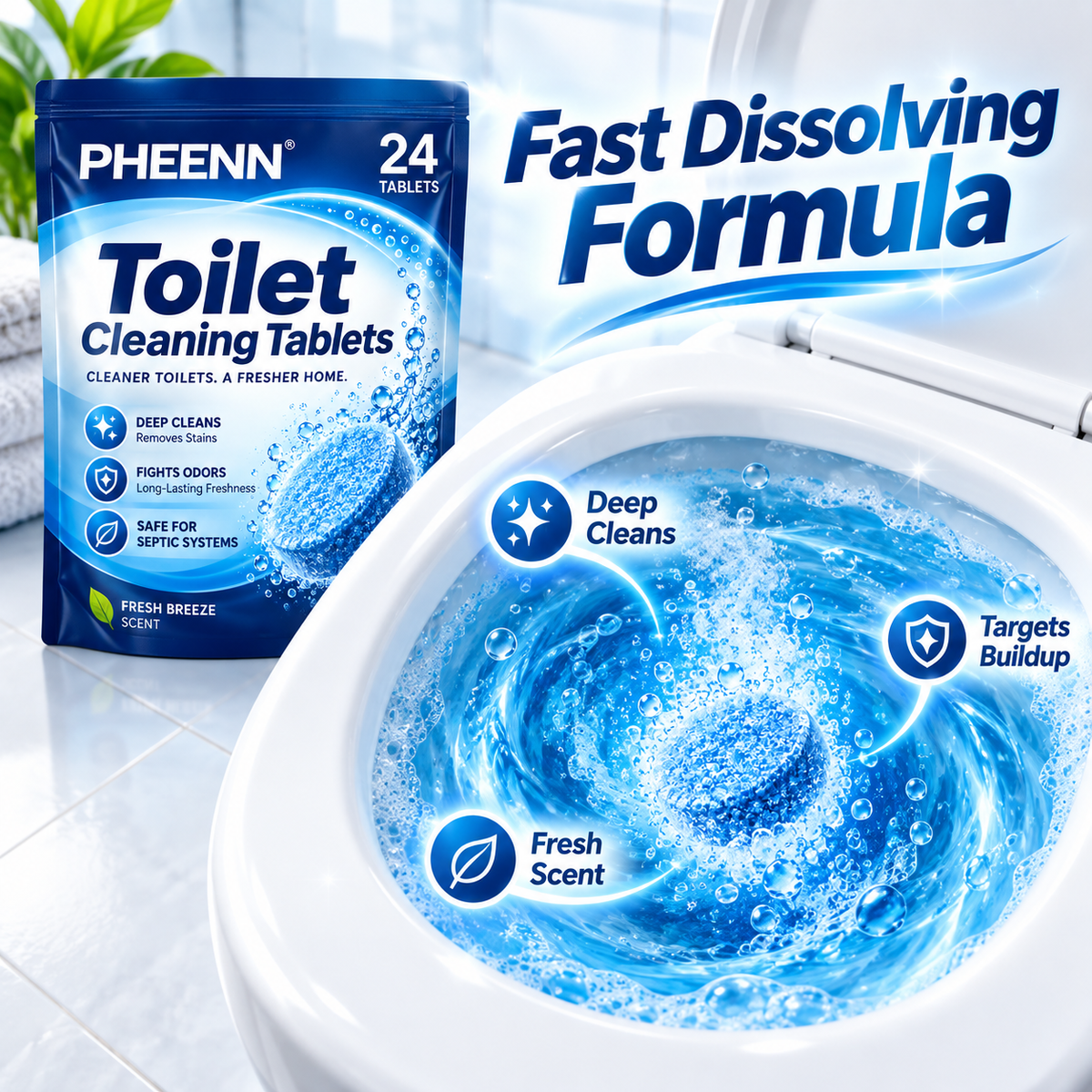 PHEENN® Toilet Cleaning Tablets – Powerful Deep Clean, Odor Control & Long-Lasting Fresh Breeze Formula