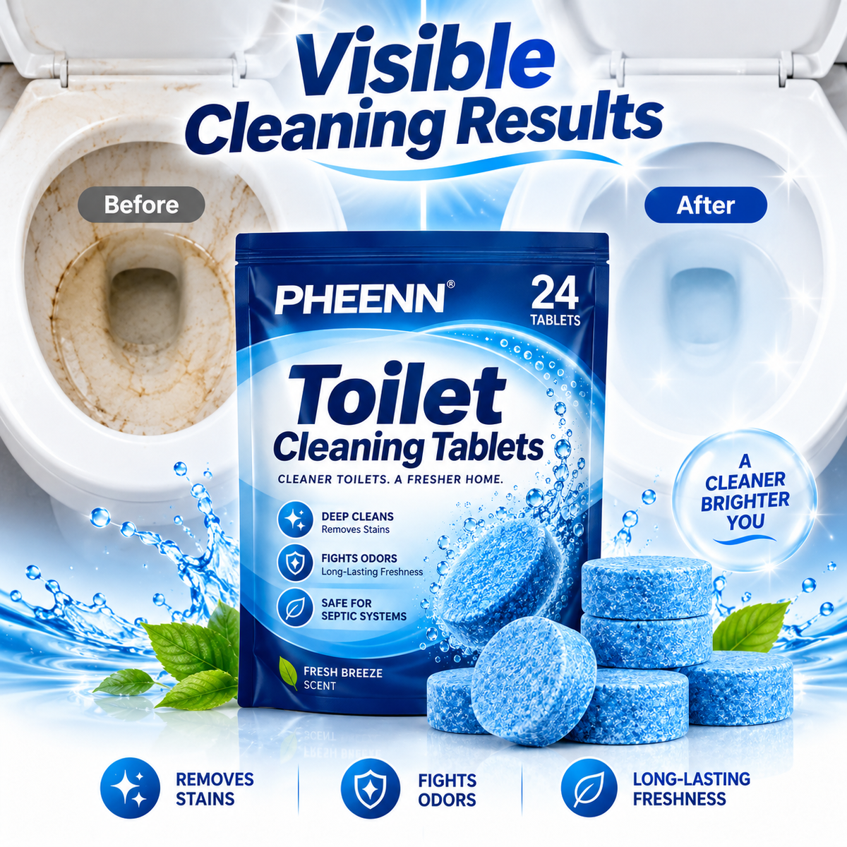 PHEENN® Toilet Cleaning Tablets – Powerful Deep Clean, Odor Control & Long-Lasting Fresh Breeze Formula