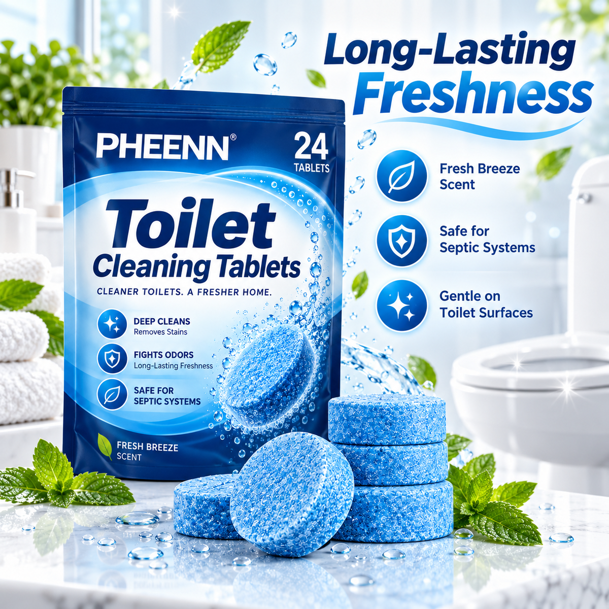 PHEENN® Toilet Cleaning Tablets – Powerful Deep Clean, Odor Control & Long-Lasting Fresh Breeze Formula