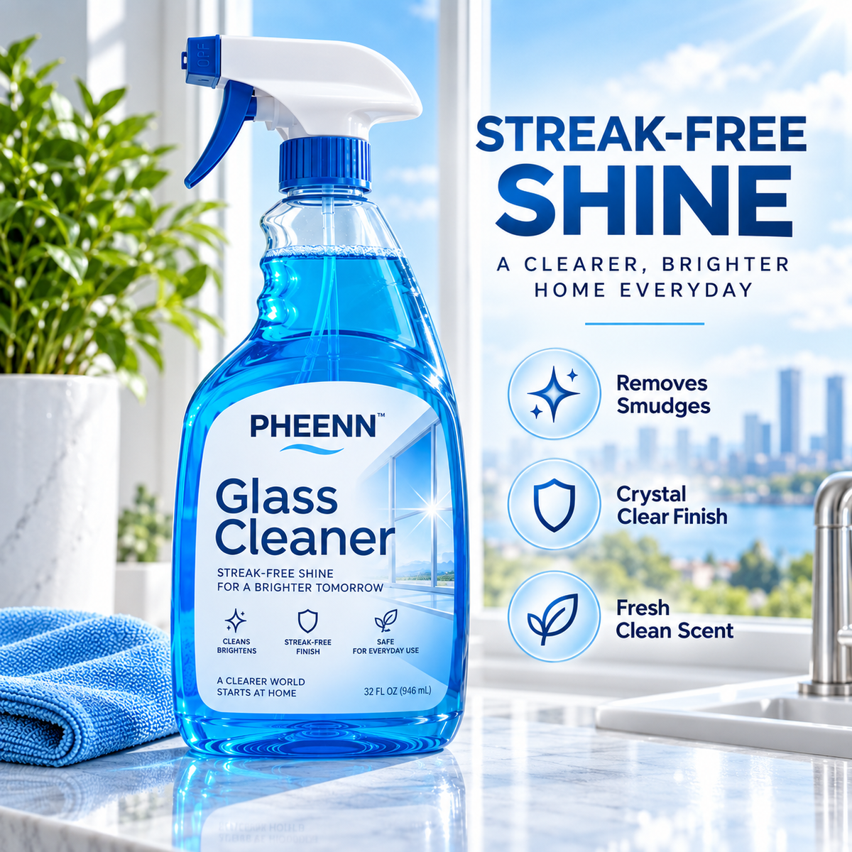 PHEENN® Window & Glass Cleaner – Powerful Daily Cleaning Spray for Smudges, Fingerprints, Dust and Water Spots
