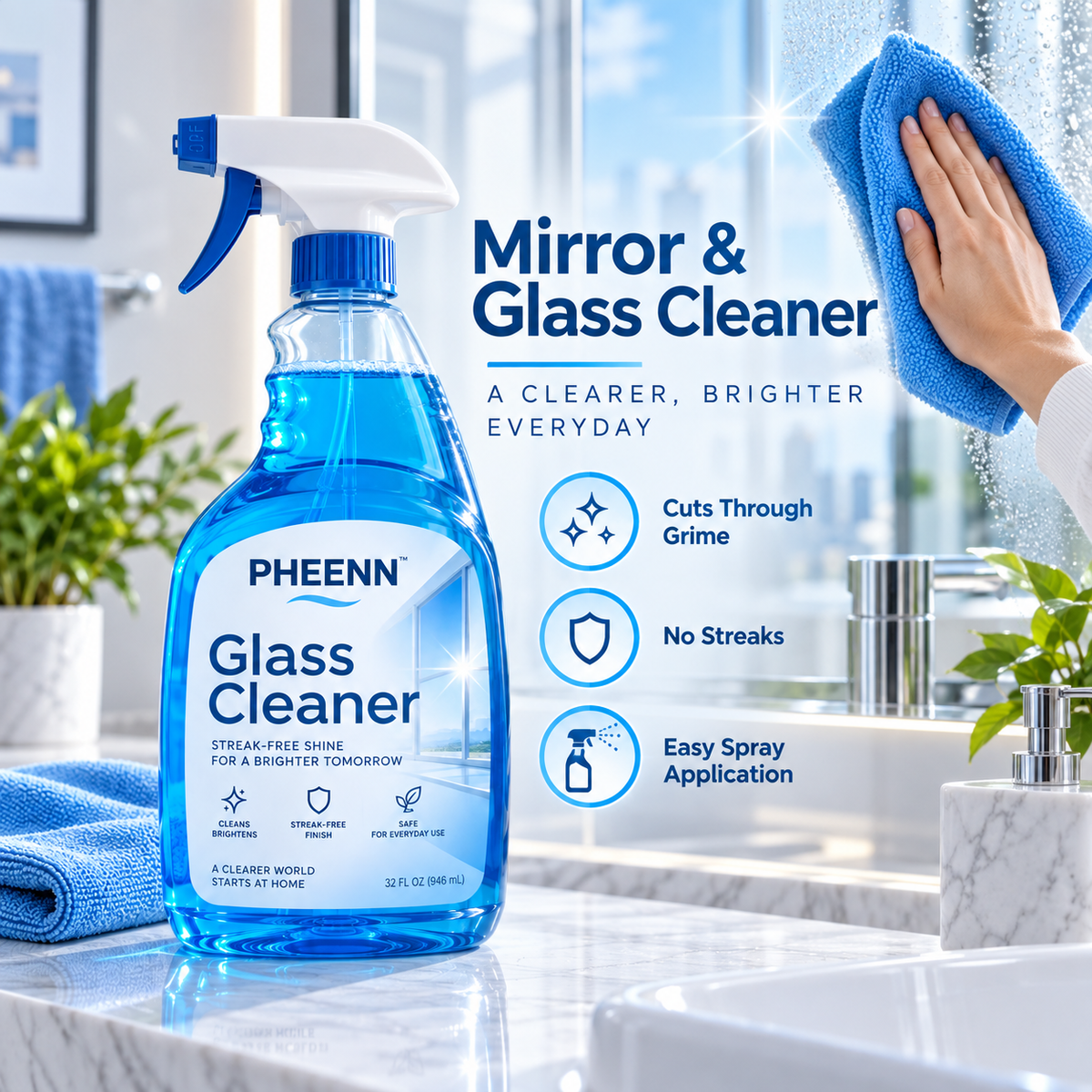 PHEENN® Window & Glass Cleaner – Powerful Daily Cleaning Spray for Smudges, Fingerprints, Dust and Water Spots