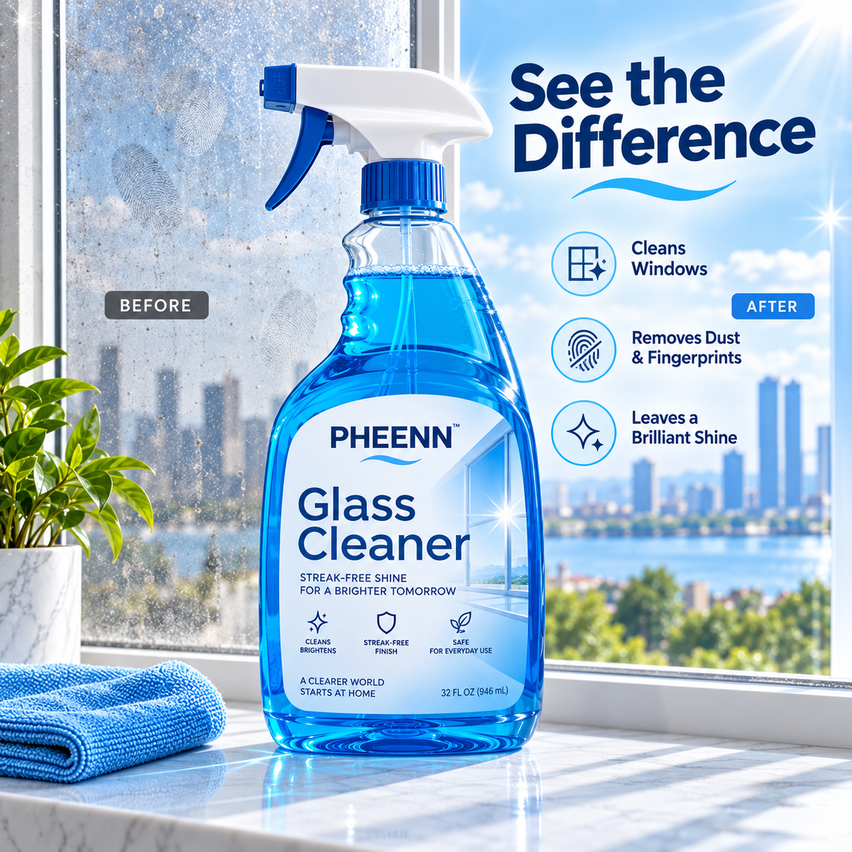 PHEENN® Window & Glass Cleaner – Powerful Daily Cleaning Spray for Smudges, Fingerprints, Dust and Water Spots