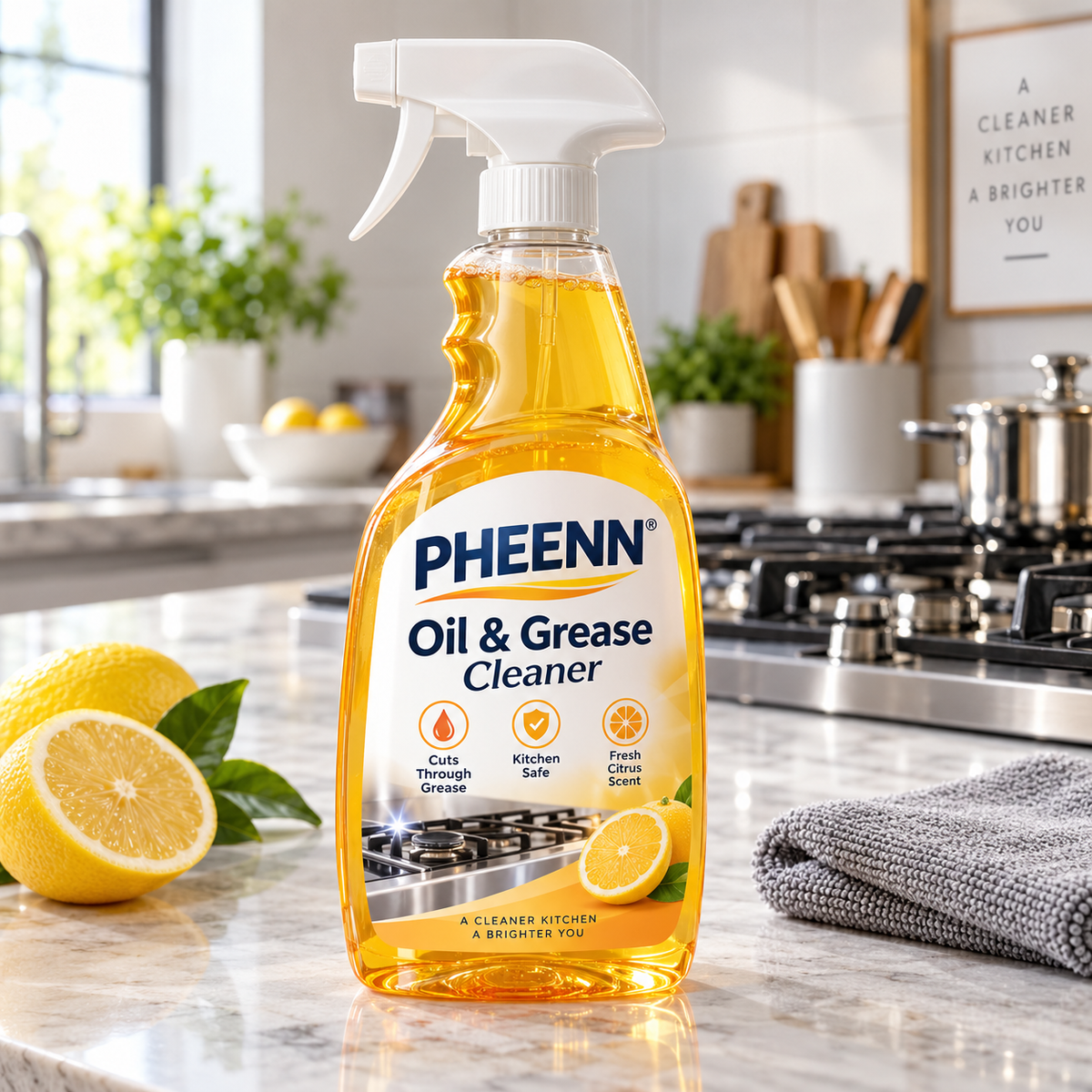 PHEENN® Oil & Grease Cleaner – Powerful Kitchen Degreaser Spray for Stovetops, Range Hoods, Countertops & Appliances