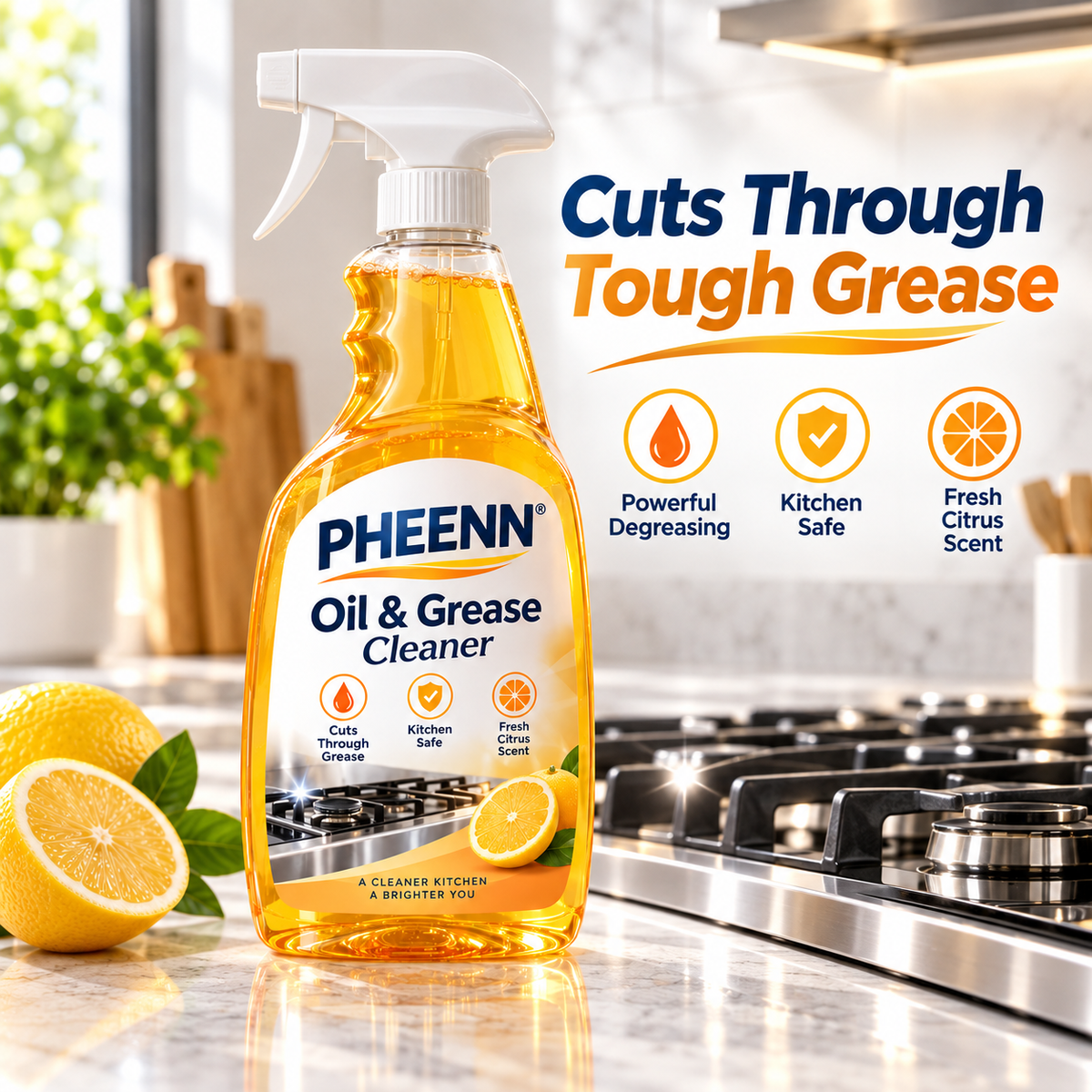 PHEENN® Oil & Grease Cleaner – Powerful Kitchen Degreaser Spray for Stovetops, Range Hoods, Countertops & Appliances