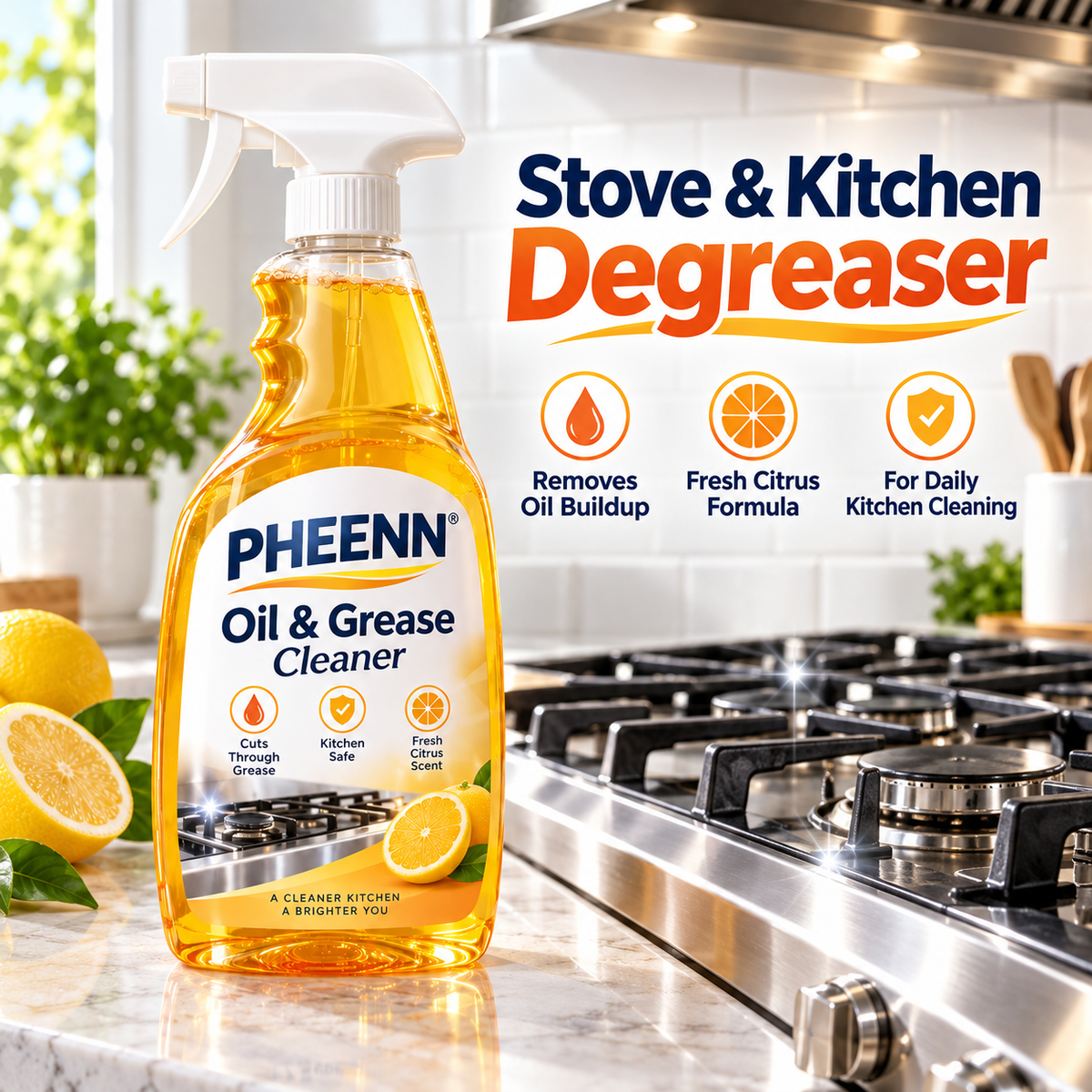 PHEENN® Oil & Grease Cleaner – Powerful Kitchen Degreaser Spray for Stovetops, Range Hoods, Countertops & Appliances