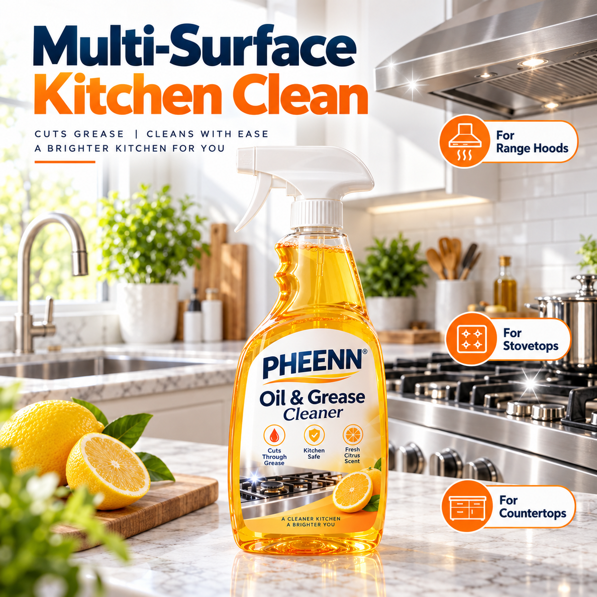 PHEENN® Oil & Grease Cleaner – Powerful Kitchen Degreaser Spray for Stovetops, Range Hoods, Countertops & Appliances