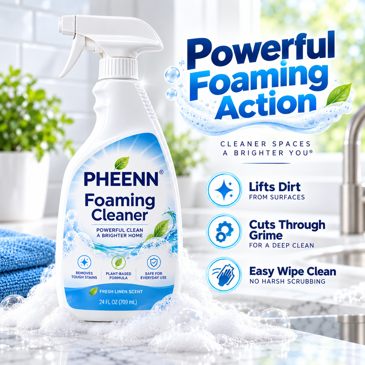 🌿 PHEENN® Deep Cleaning Foaming Spray – Easy-Wipe Multi-Surface Cleaner for Sinks, Counters, Bathrooms, Kitchens & Tiles