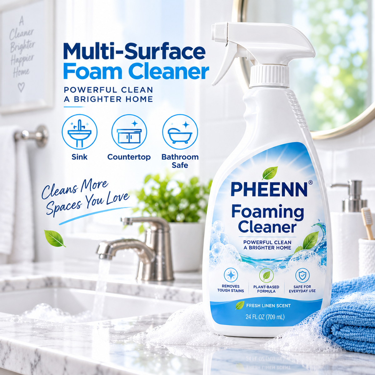 🌿 PHEENN® Deep Cleaning Foaming Spray – Easy-Wipe Multi-Surface Cleaner for Sinks, Counters, Bathrooms, Kitchens & Tiles